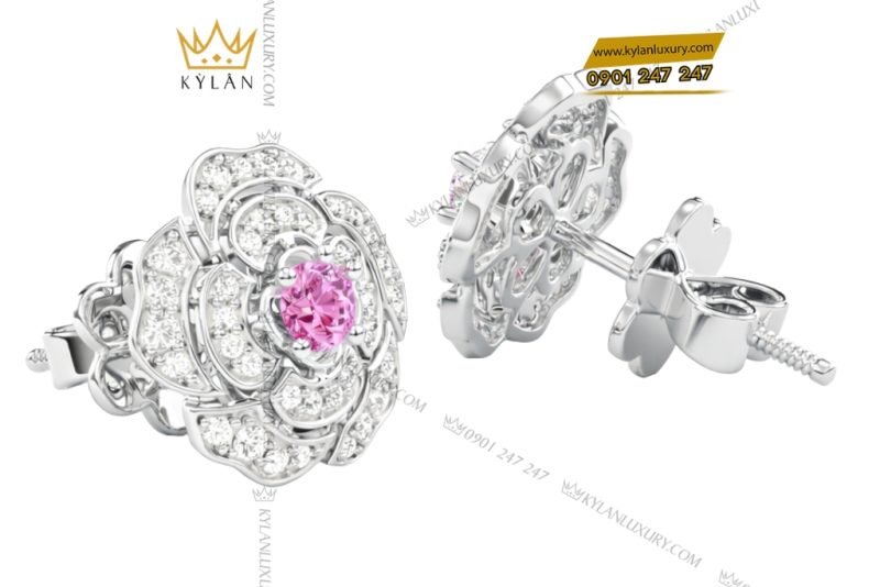 Bông tai vàng trắng Au750 đính kim cương và sapphire tím