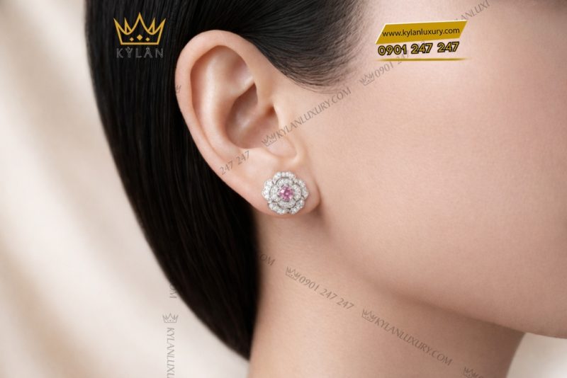 Bông tai vàng trắng Au750 đính kim cương và sapphire tím