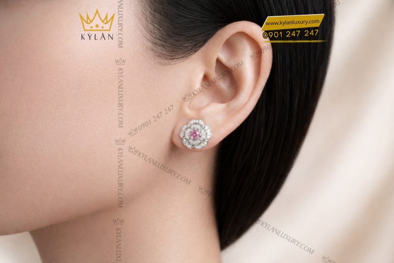 Bông tai vàng trắng Au750 đính kim cương và sapphire tím