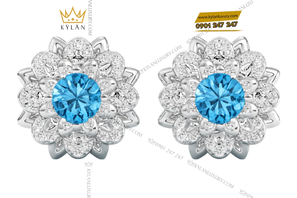Bông tai vàng trắng Au750 đính kim cương và đá Topaz