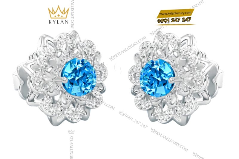 Bông tai vàng trắng Au750 đính kim cương và đá Topaz