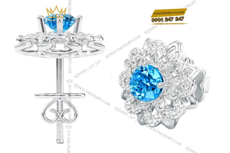 Bông tai vàng trắng Au750 đính kim cương và đá Topaz
