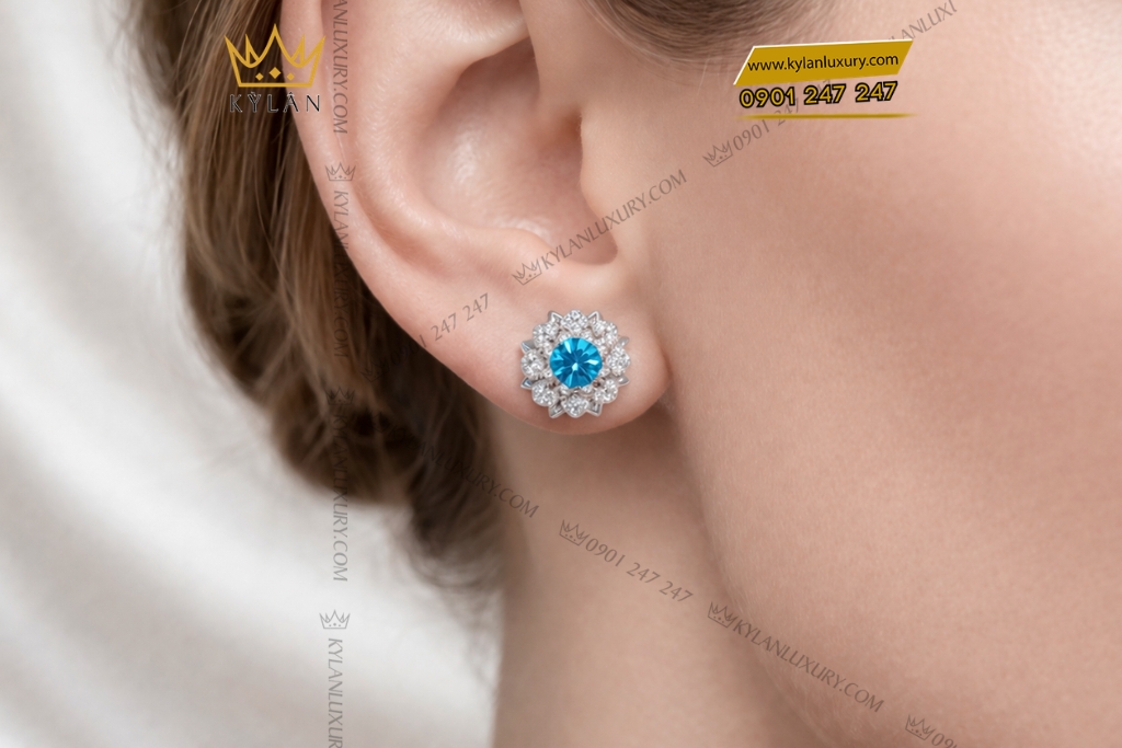 Bông tai vàng trắng Au750 đính kim cương và đá Topaz