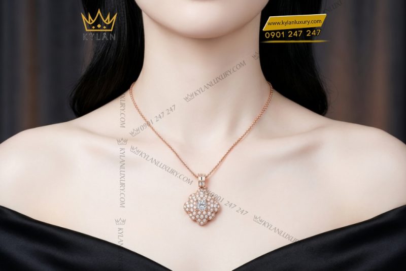 Dây chuyền vàng hồng Au750 đính kim cương