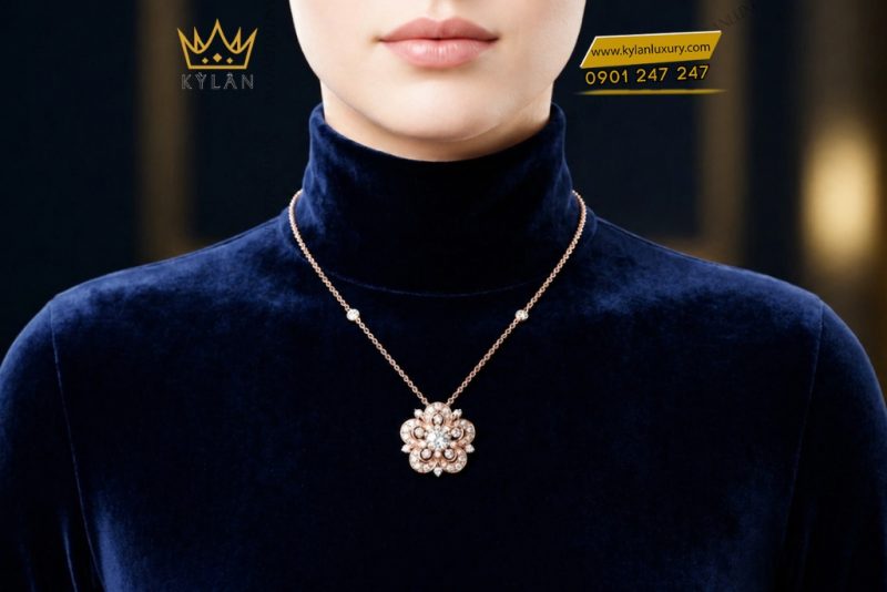 Dây chuyền vàng hồng Au750 đính kim cương