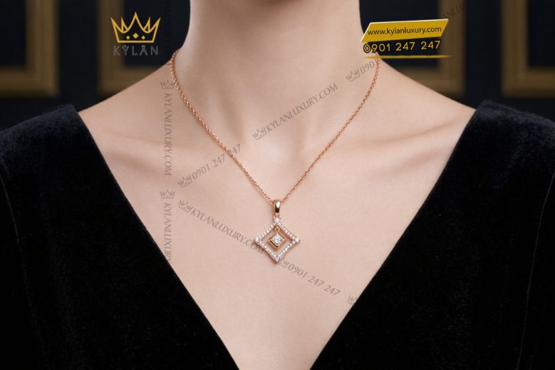 Dây chuyền vàng hồng Au750 đính kim cương