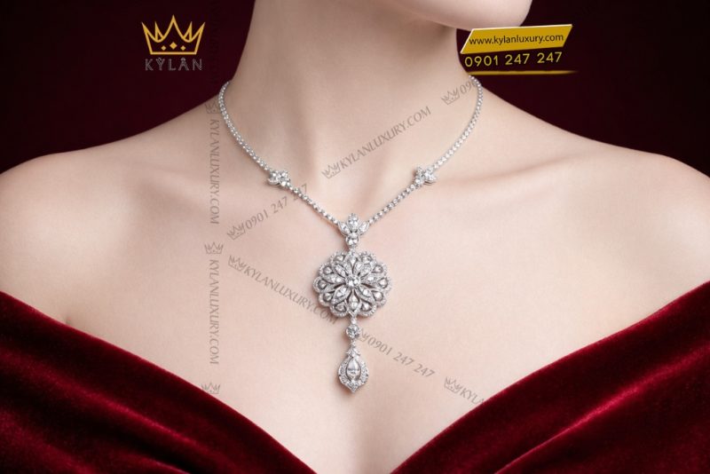 Dây chuyền vàng trắng Au750 đính kim cương