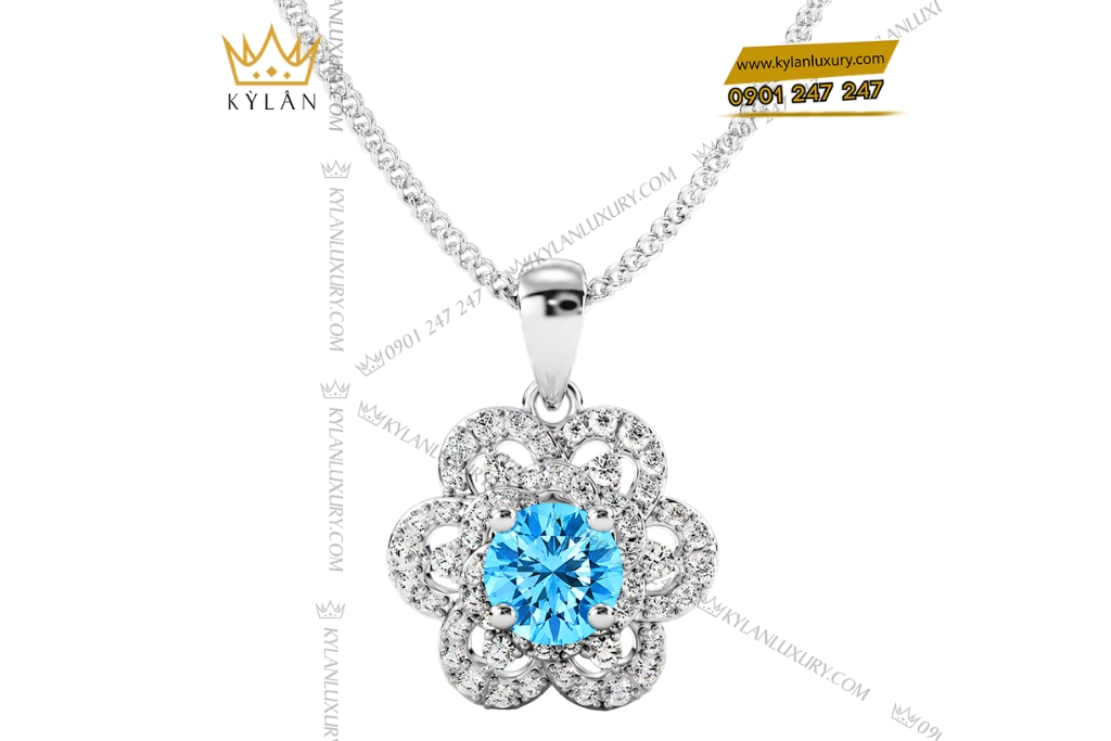 Dây chuyền vàng trắng Au750 đính kim cương và đá Topaz