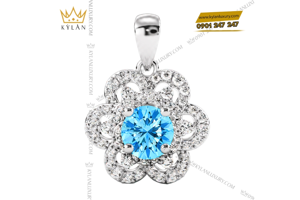 Dây chuyền vàng trắng Au750 đính kim cương và đá Topaz
