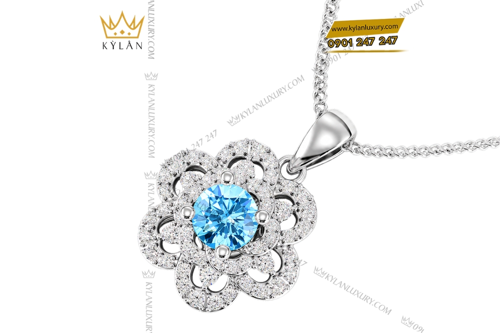 Dây chuyền vàng trắng Au750 đính kim cương và đá Topaz
