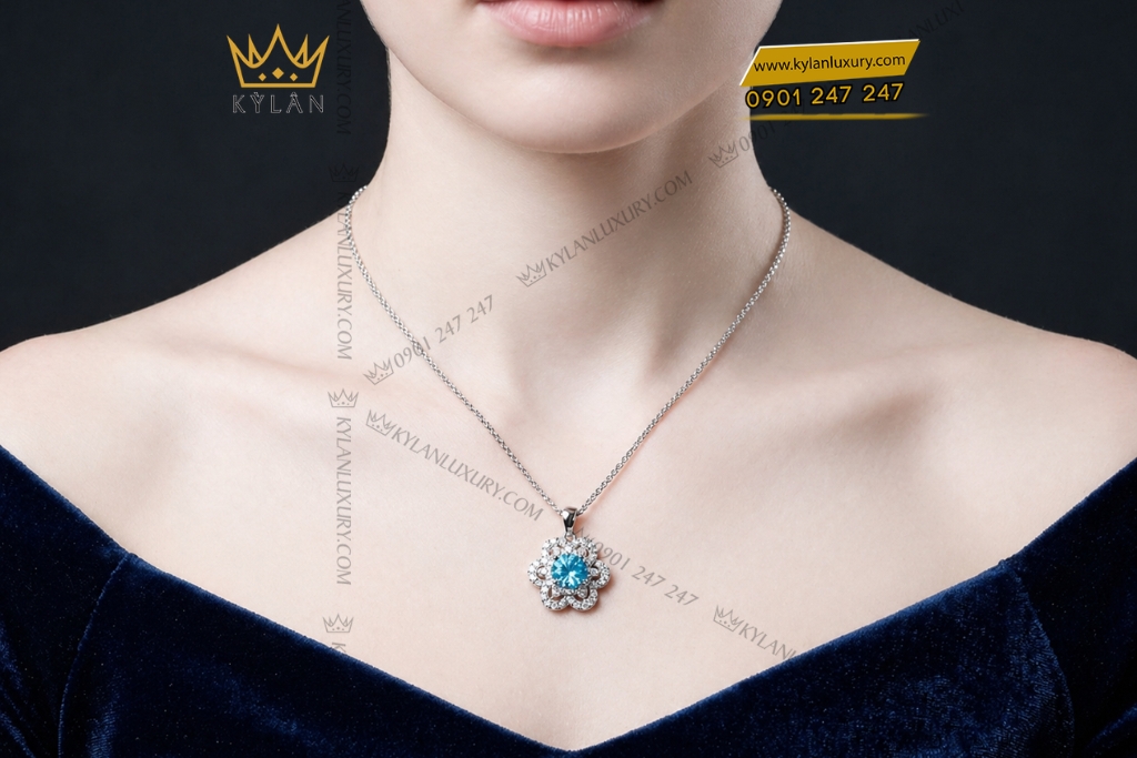 Dây chuyền vàng trắng Au750 đính kim cương và đá Topaz