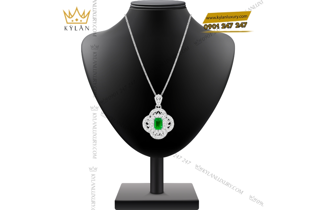 Kỳ Lân Luxury Day chuyen vang trang Au750 dinh kim cuong va da luc bao 2 Dây chuyền vàng trắng Au750 đính kim cương và đá lục bảo