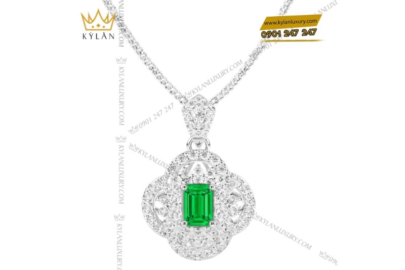Dây chuyền vàng trắng Au750 đính kim cương và đá lục bảo