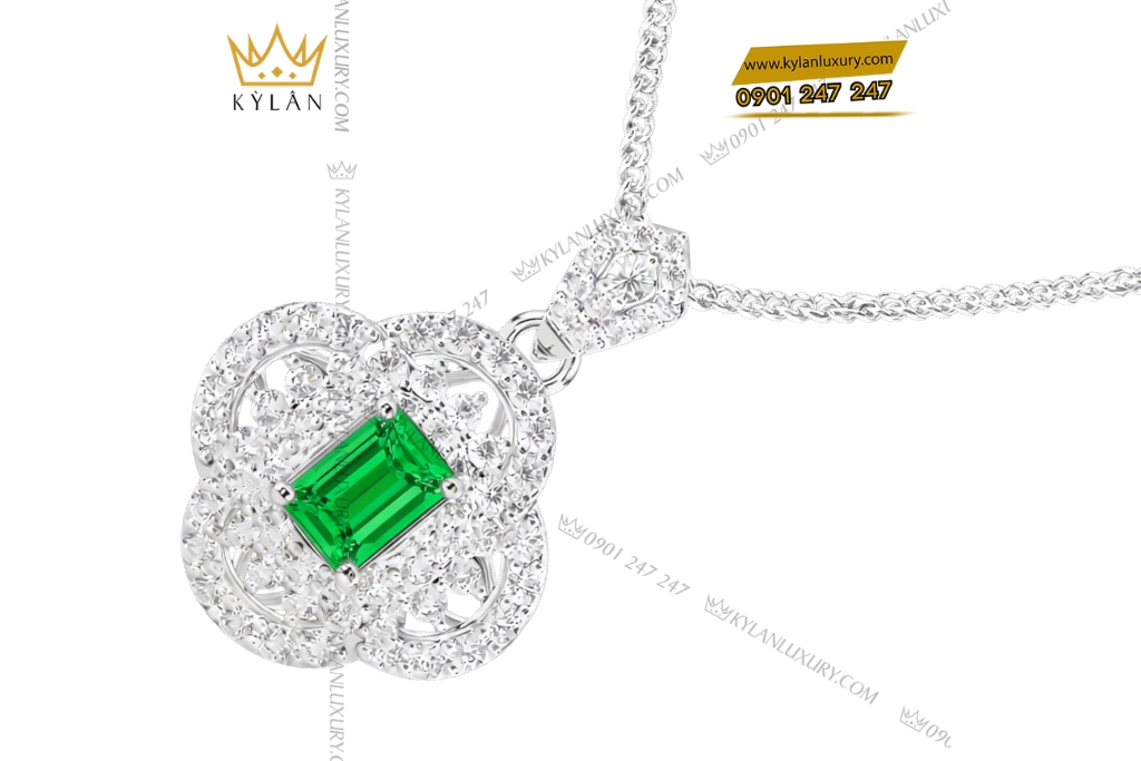 Dây chuyền vàng trắng Au750 đính kim cương và đá lục bảo