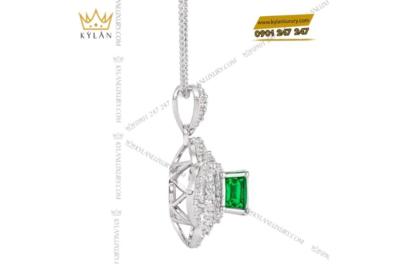 Dây chuyền vàng trắng Au750 đính kim cương và đá lục bảo