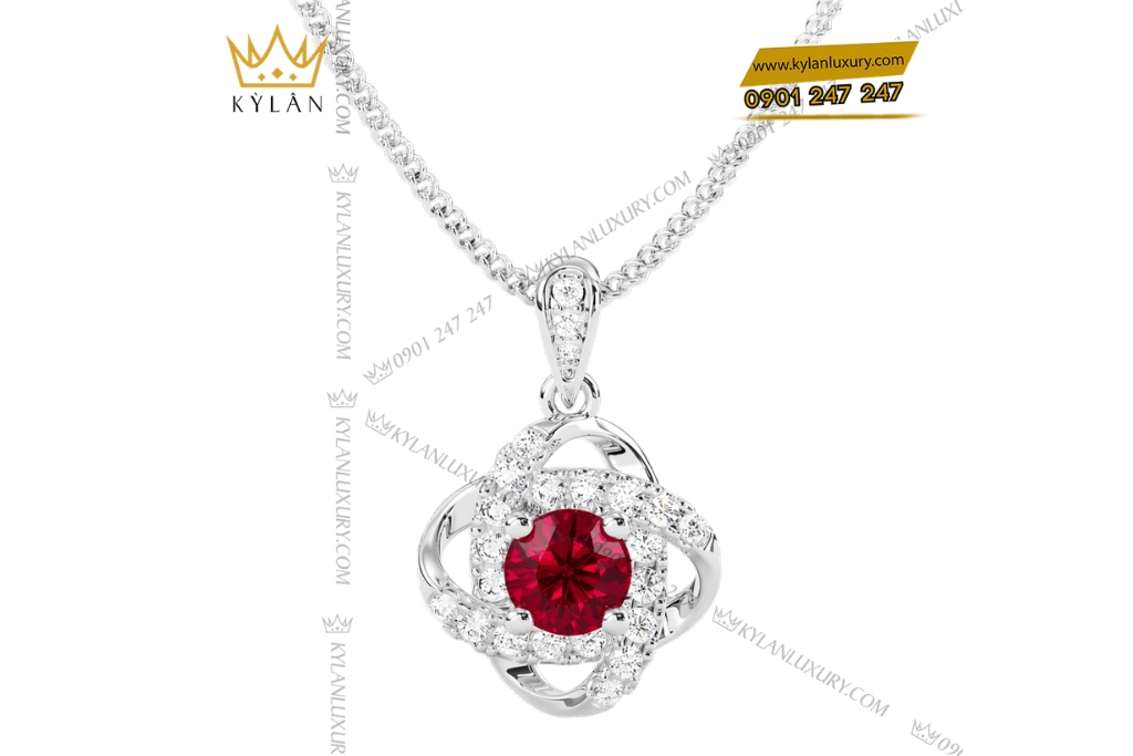 Dây chuyền vàng trắng Au750 đính kim cương và đá sapphire đỏ