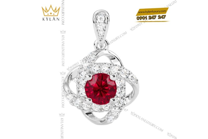 Dây chuyền vàng trắng Au750 đính kim cương và đá sapphire đỏ