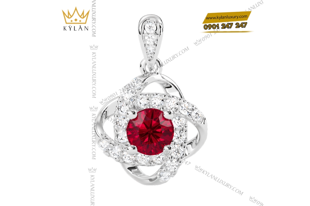 Dây chuyền vàng trắng Au750 đính kim cương và đá sapphire đỏ