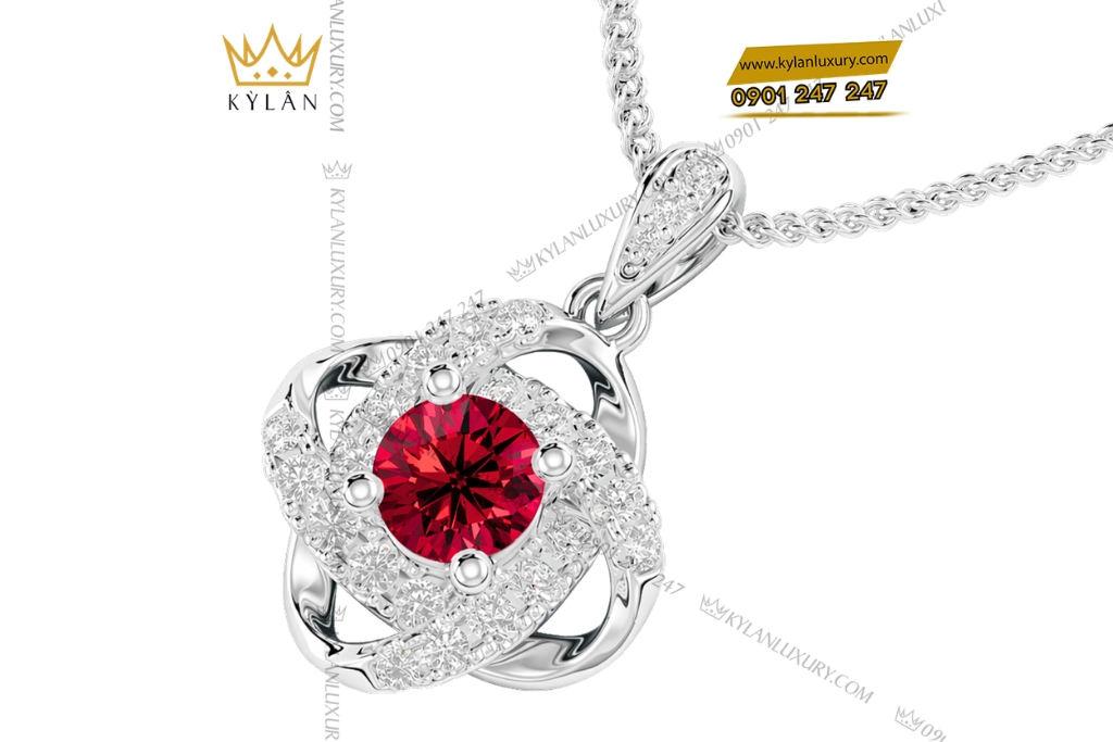 Dây chuyền vàng trắng Au750 đính kim cương và đá sapphire đỏ