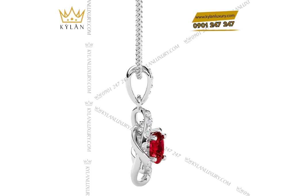 Dây chuyền vàng trắng Au750 đính kim cương và đá sapphire đỏ