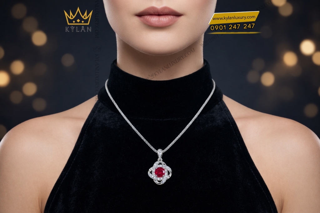 Dây chuyền vàng trắng Au750 đính kim cương và đá sapphire đỏ
