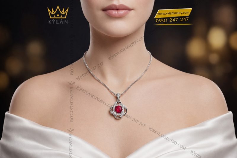Dây chuyền vàng trắng Au750 đính kim cương và đá sapphire đỏ
