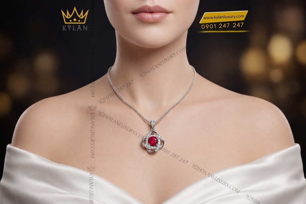 Kỳ Lân Luxury Day chuyen vang trang Au750 dinh kim cuong va da quy do 9 Dây chuyền vàng trắng Au750 đính kim cương và đá sapphire đỏ