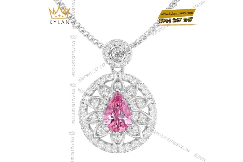 Dây chuyền vàng trắng Au750 đính kim cương và sapphire hồng