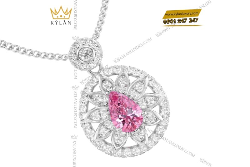 Dây chuyền vàng trắng Au750 đính kim cương và sapphire hồng