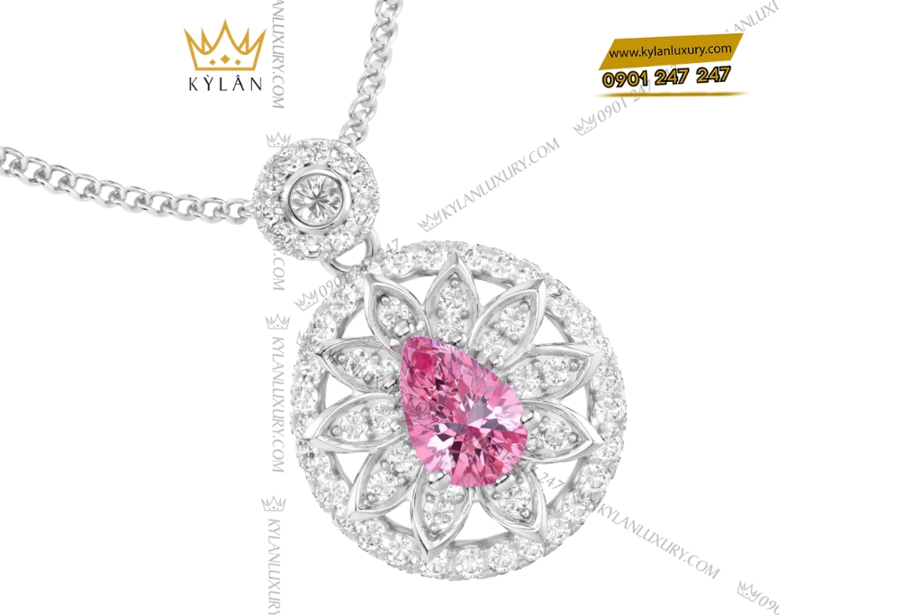 Dây chuyền vàng trắng Au750 đính kim cương và sapphire hồng