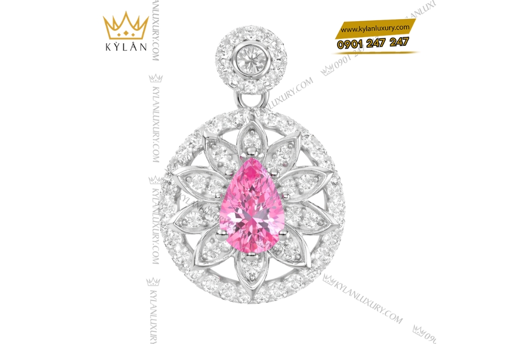 Dây chuyền vàng trắng Au750 đính kim cương và sapphire hồng