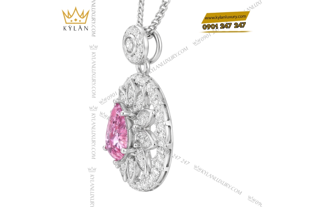 Dây chuyền vàng trắng Au750 đính kim cương và sapphire hồng