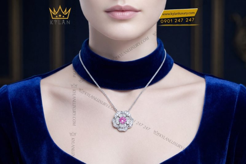 Dây chuyền vàng trắng Au750 đính kim cương và sapphire tím
