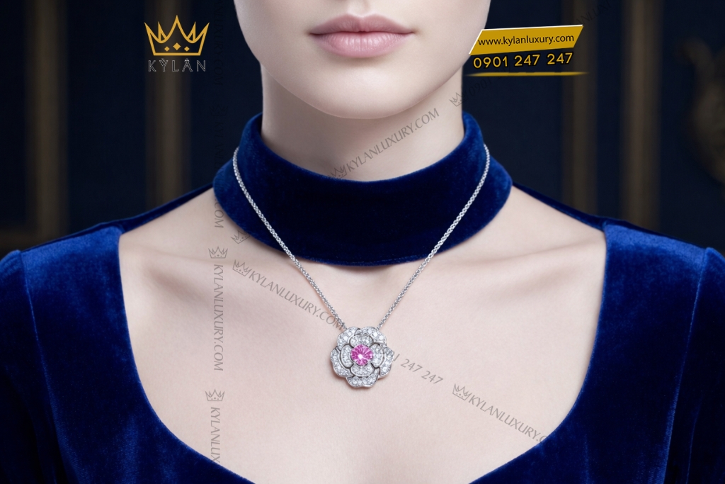Dây chuyền vàng trắng Au750 đính kim cương và sapphire tím