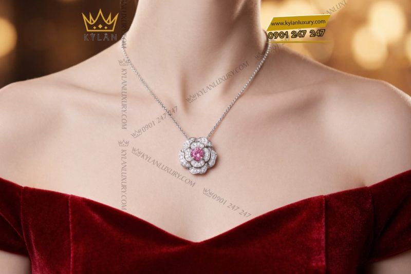 Dây chuyền vàng trắng Au750 đính kim cương và sapphire tím