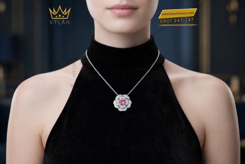 Dây chuyền vàng trắng Au750 đính kim cương và sapphire tím