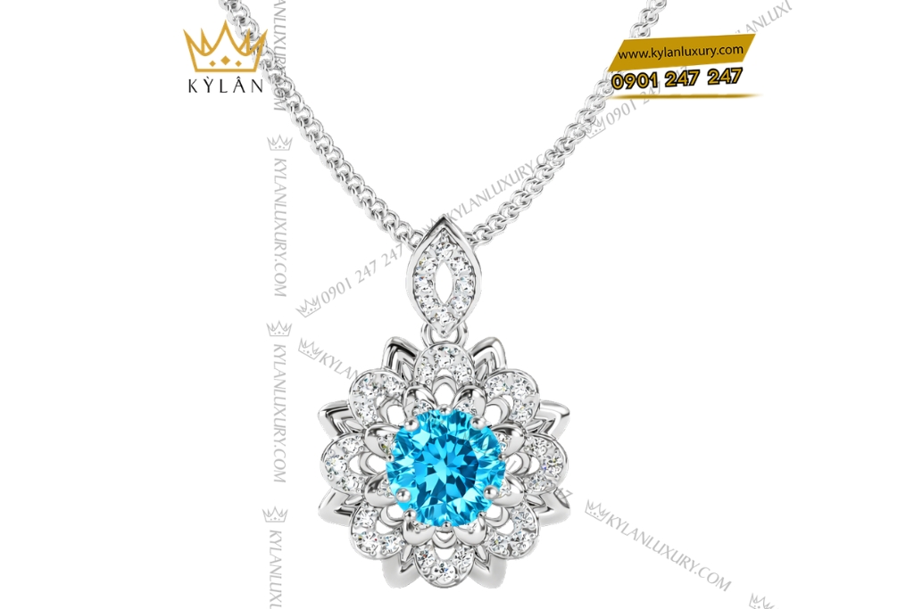 Dây chuyền vàng trắng Au750 đính kim và đá Topaz