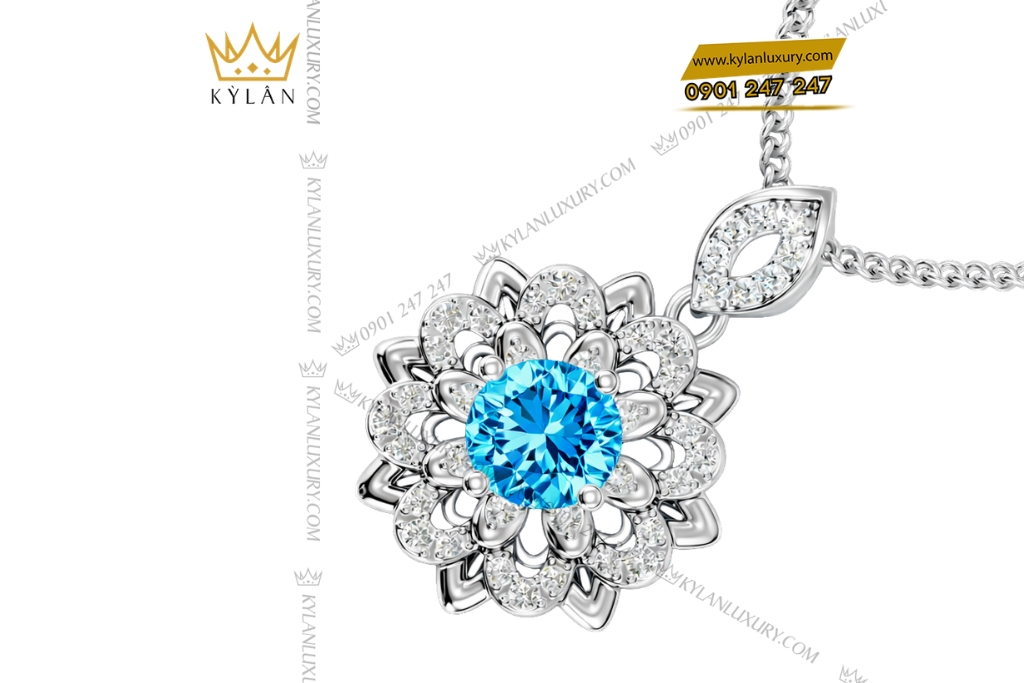 Dây chuyền vàng trắng Au750 đính kim và đá Topaz