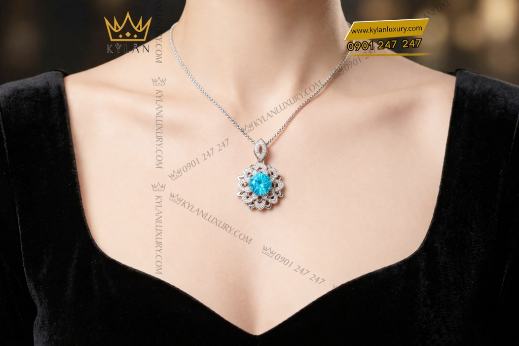 Dây chuyền vàng trắng Au750 đính kim và đá Topaz