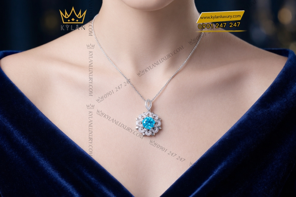 Dây chuyền vàng trắng Au750 đính kim và đá Topaz