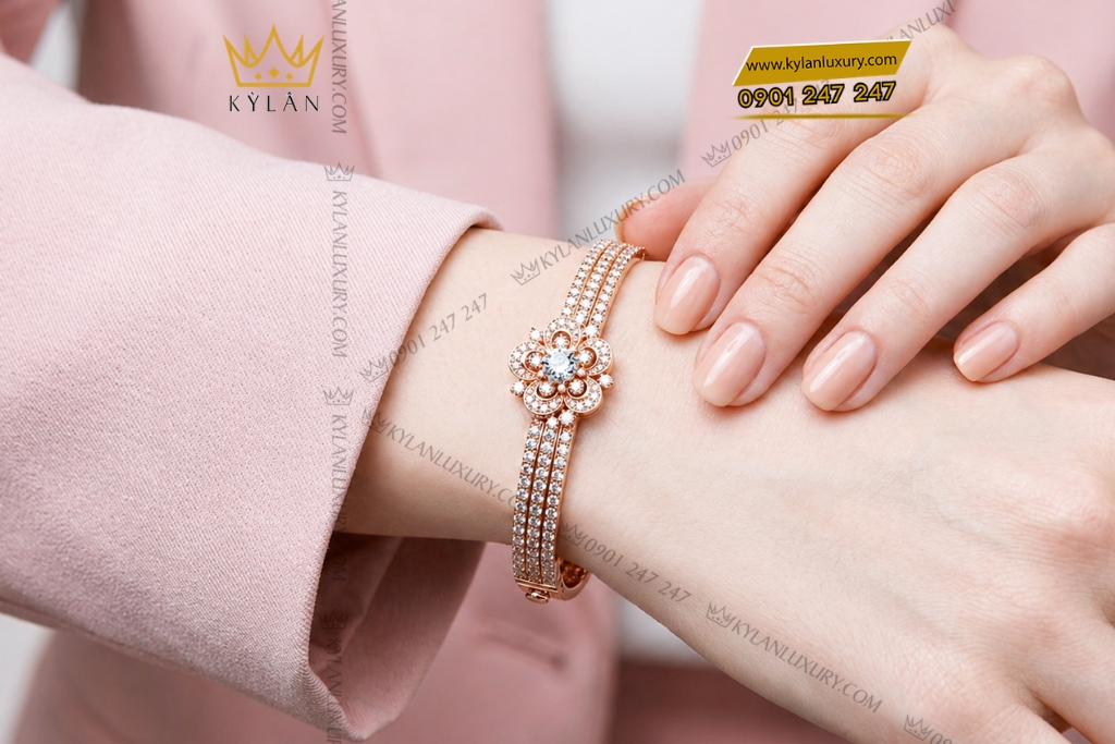 Lăc tay vàng hồng Au750 đính kim cương