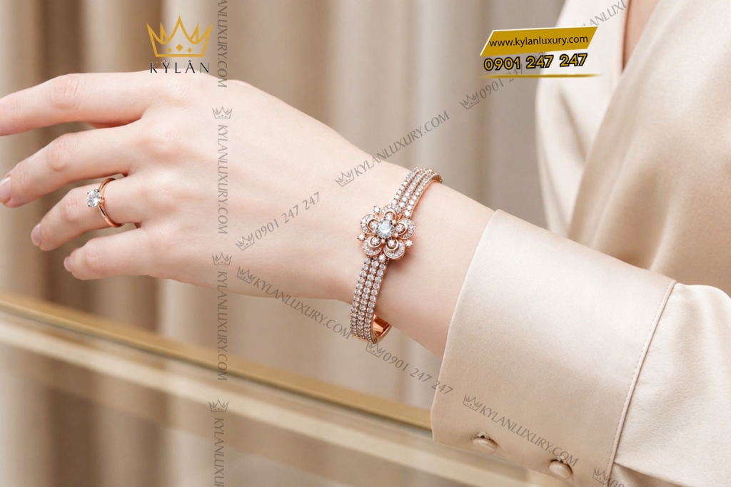Lăc tay vàng hồng Au750 đính kim cương