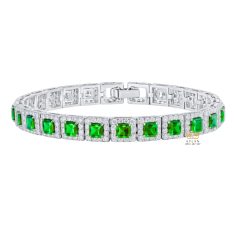 Lắc tay vàng trắng Au750 đính kim cương và đá lục bảo