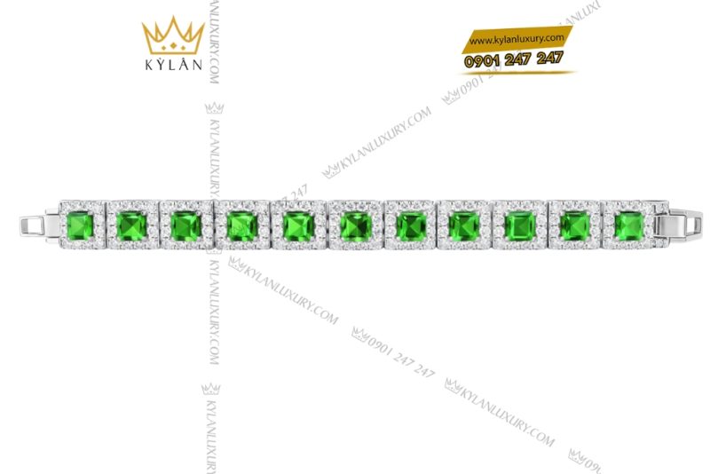 Lắc tay vàng trắng Au750 đính kim cương và đá lục bảo