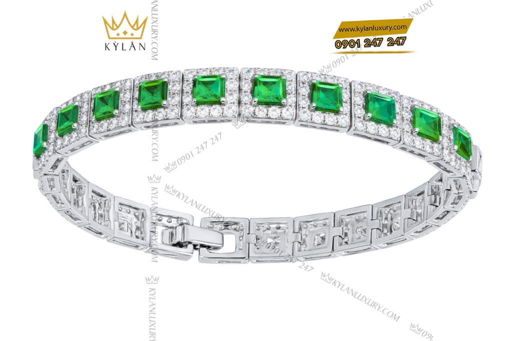 Kỳ Lân Luxury Lac tay vang trang Au750 dinh kim cuong va da luc bao 5 Lắc tay vàng trắng Au750 đính kim cương và đá lục bảo