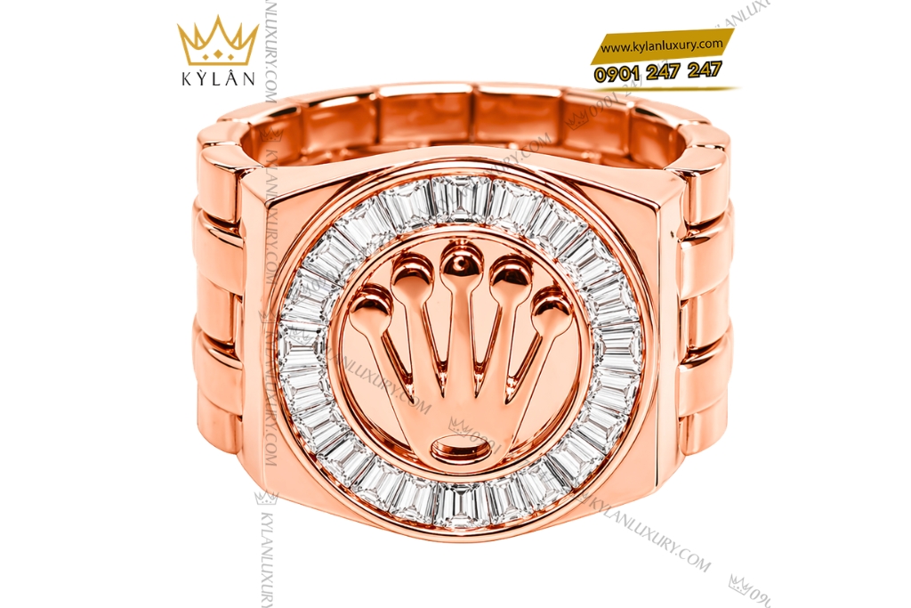 Nhẫn Rolex vàng hồng Au750 đính kim cương baguette