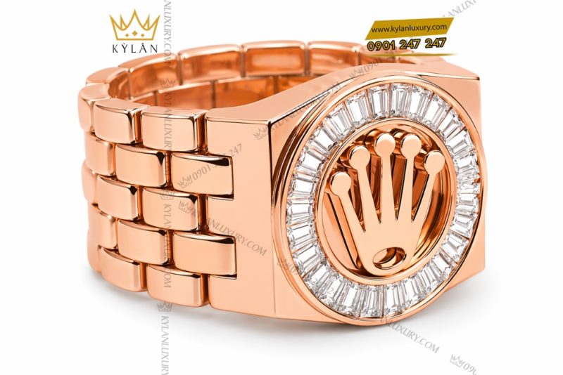 Nhẫn Rolex vàng hồng Au750 đính kim cương baguette