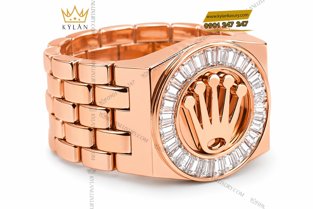 Nhẫn Rolex vàng hồng Au750 đính kim cương baguette