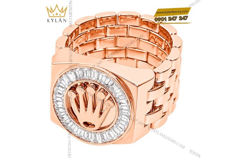 Nhẫn Rolex vàng hồng Au750 đính kim cương baguette