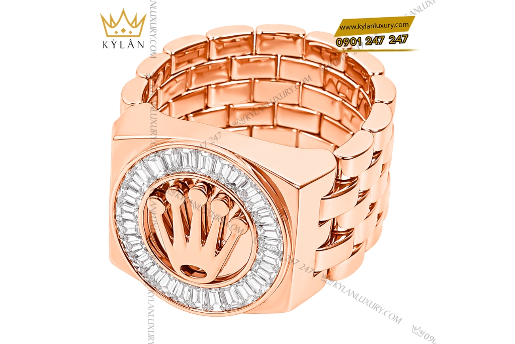 Nhẫn Rolex vàng hồng Au750 đính kim cương baguette